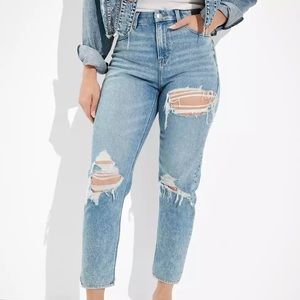 AE Stretch Ripped Curvy Mom Jean in Blue Breeze